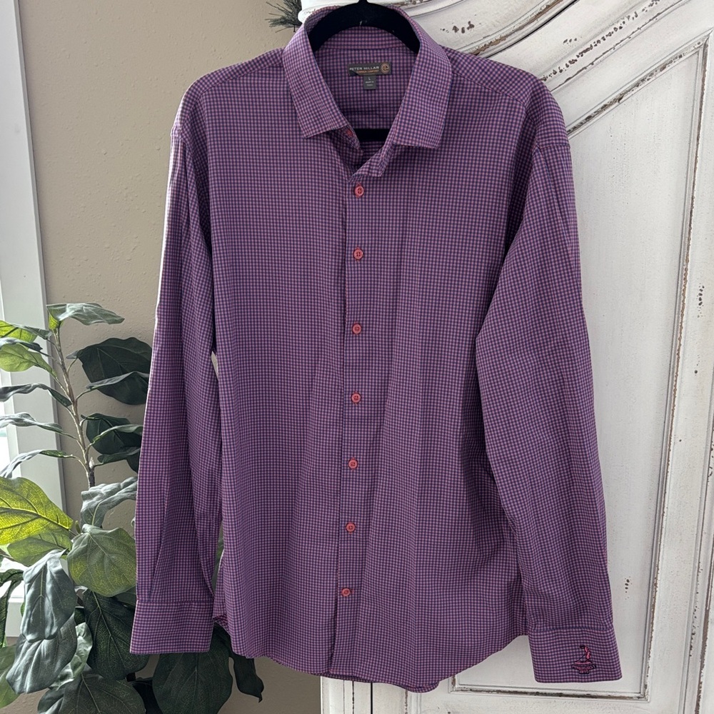 Peter Millar Summer Comfort Pinehurst Shirt Blue Pink Check Performance Golf L